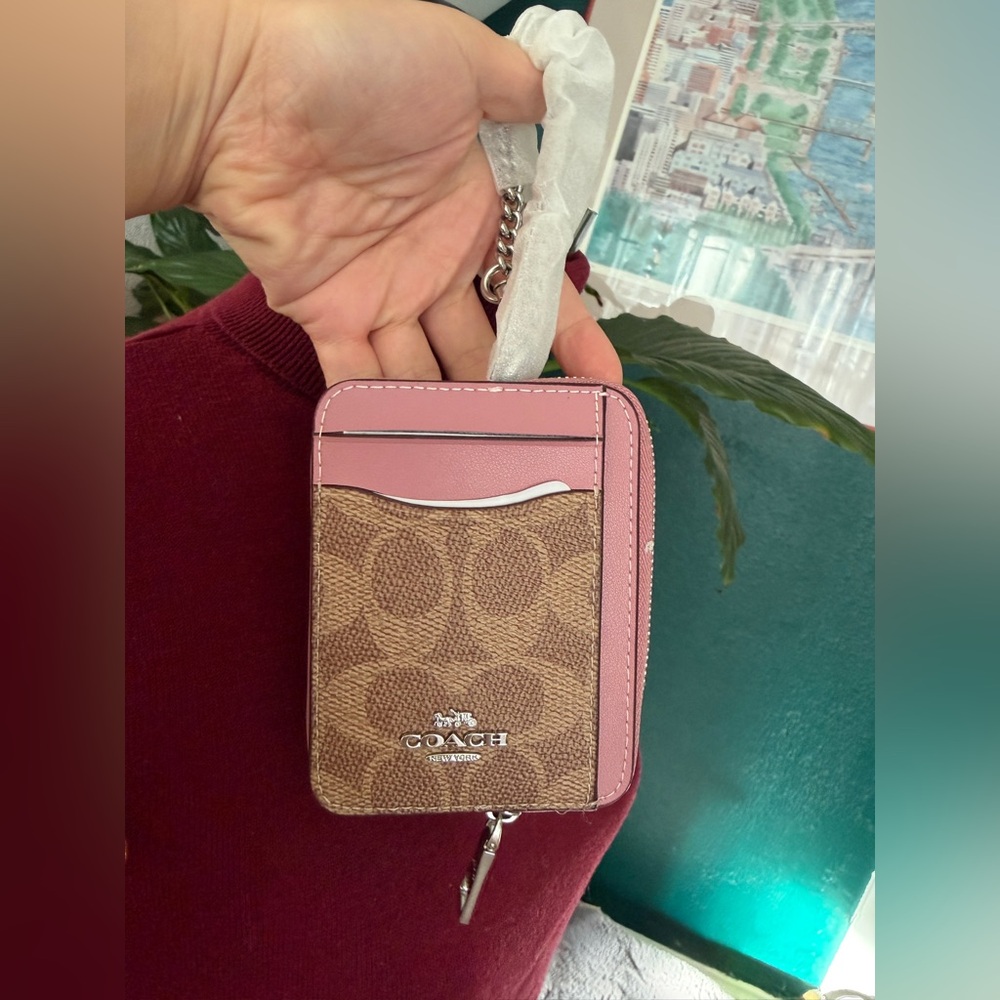 NWT Coach Zip Card Case In Signature Canvas - CW883 Silver/Tan/Dusty Pink $118 - Picture 14 of 14